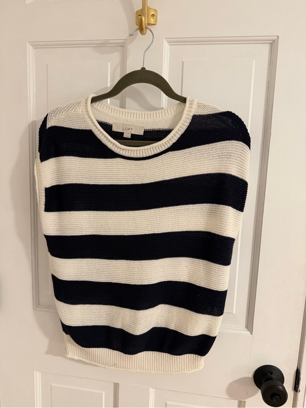 LOFT Navy and Cream Striped Crewneck Sweater